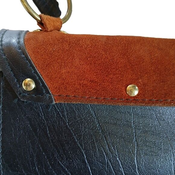 COPY - Rare Vintage Ring Shoulder Bag Suede Vinyl Adjustable Strap Brown Black - Picture 3 of 16